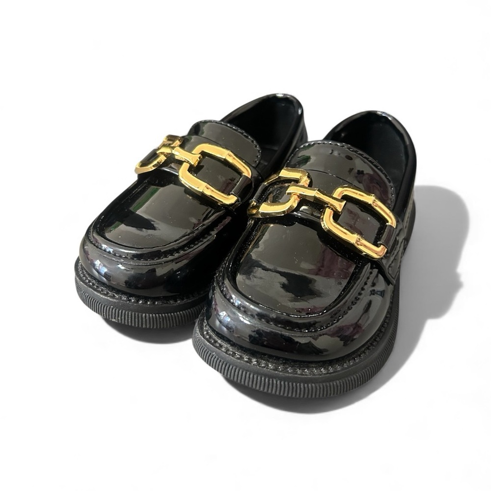 New Oamico Toddler Girls 7 Shiny Black Gold Buckle Slide On Loafer Dress Shoes